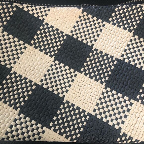 A New Day black & tan woven clutch bag with side pom-poms. - Picture 3 of 4